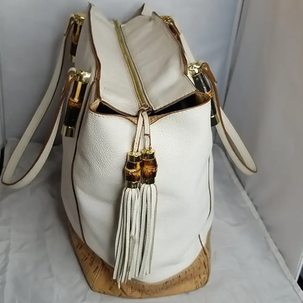 Cork White Leather Large Lilly Pulitzer Bag Tote Well Loved - Picture 4 of 8